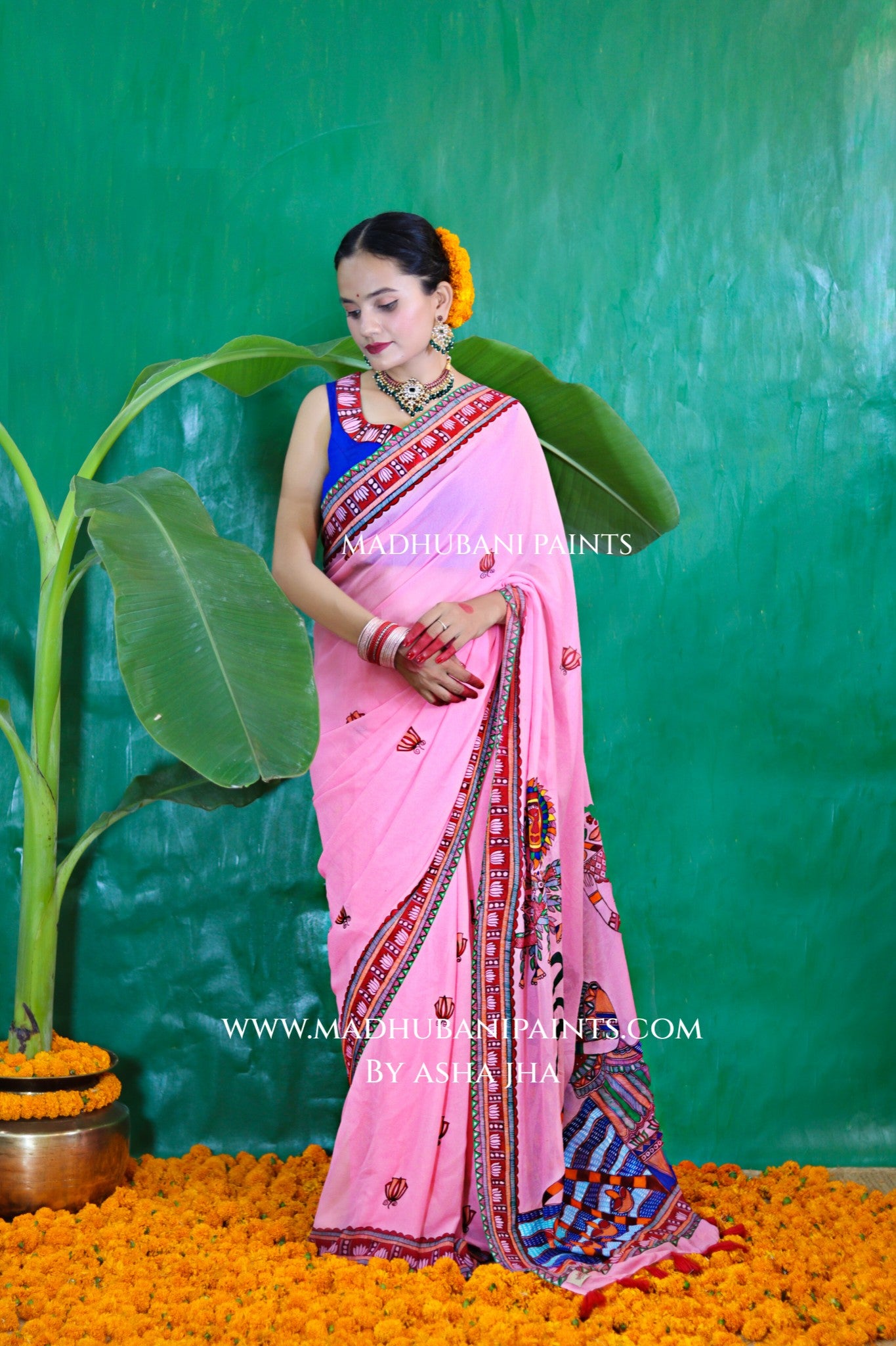 GULABI BHAKTI BHAVA Chhath Puja Hand painted Madhubani Georgette Saree Blouse Set