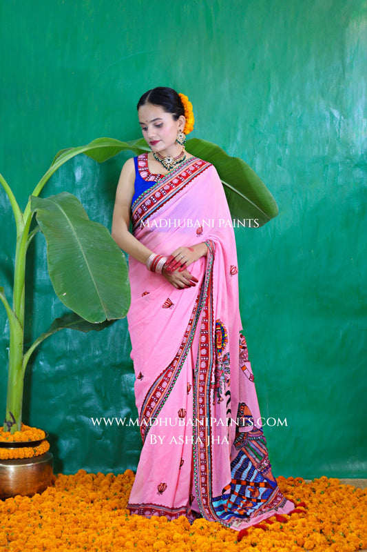 GULABI BHAKTI BHAVA Chhath Puja Hand painted Madhubani Georgette Saree Blouse Set