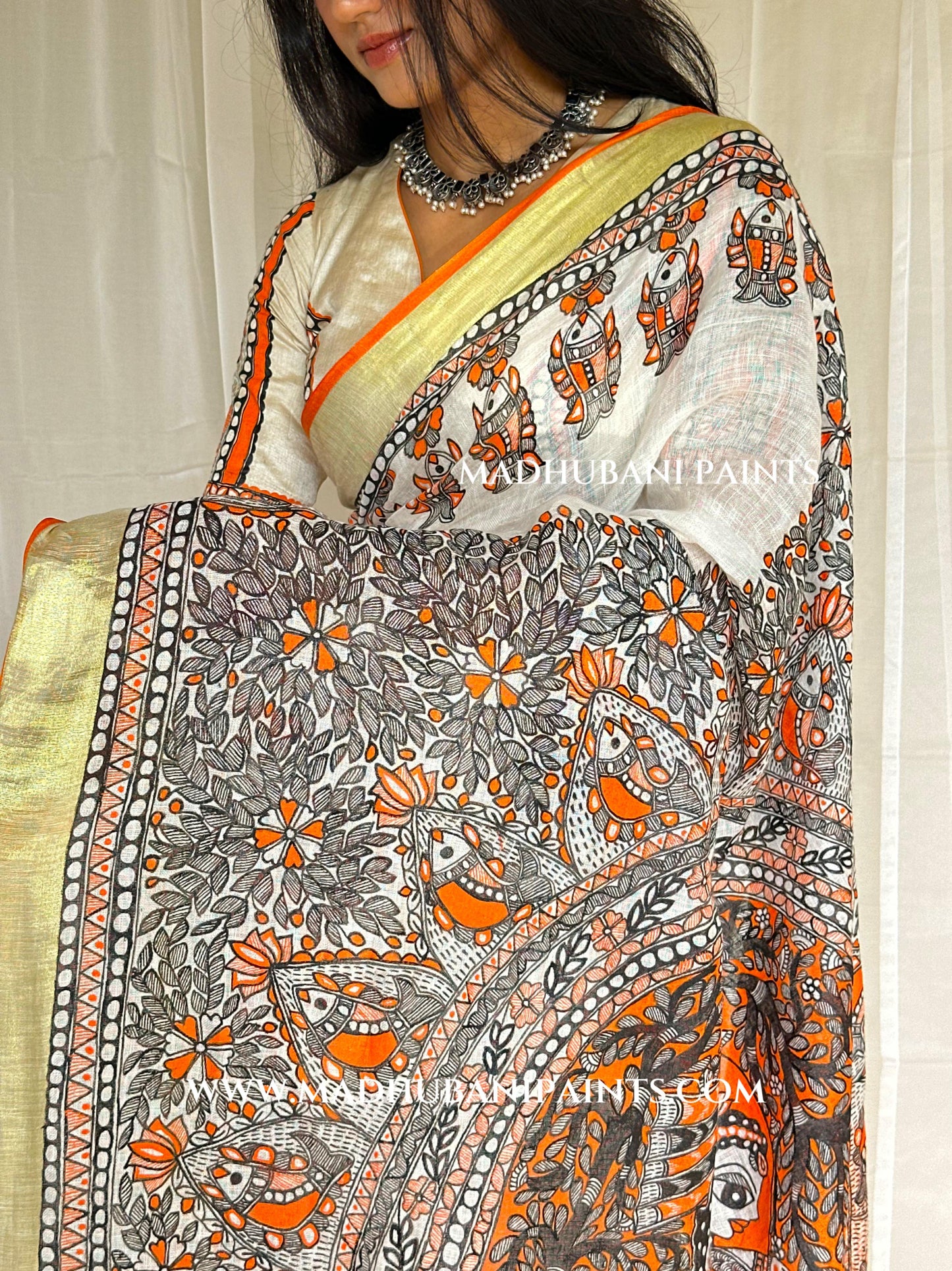 Linen Radha Krishna Hand-painted Madhubani Painting Saree