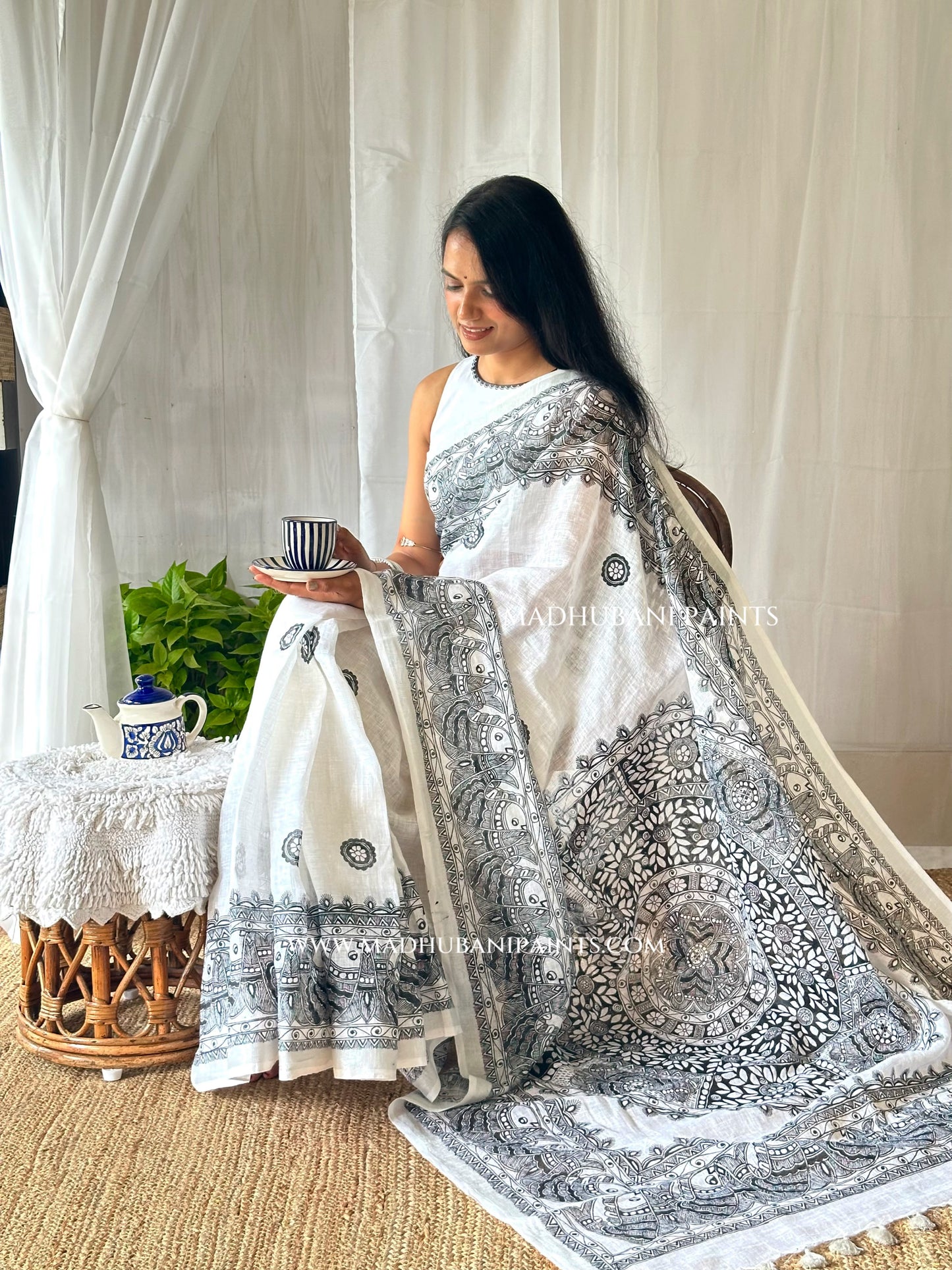 Linen Sagar Shringar Hand-painted Madhubani Painting Saree