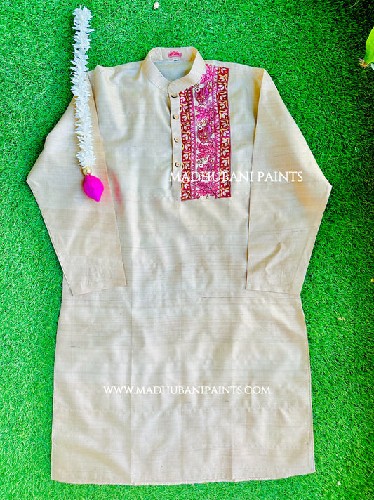 Maroon Golden Mithila Border Hand-painted Handloom Men's Tussar Silk Kurta