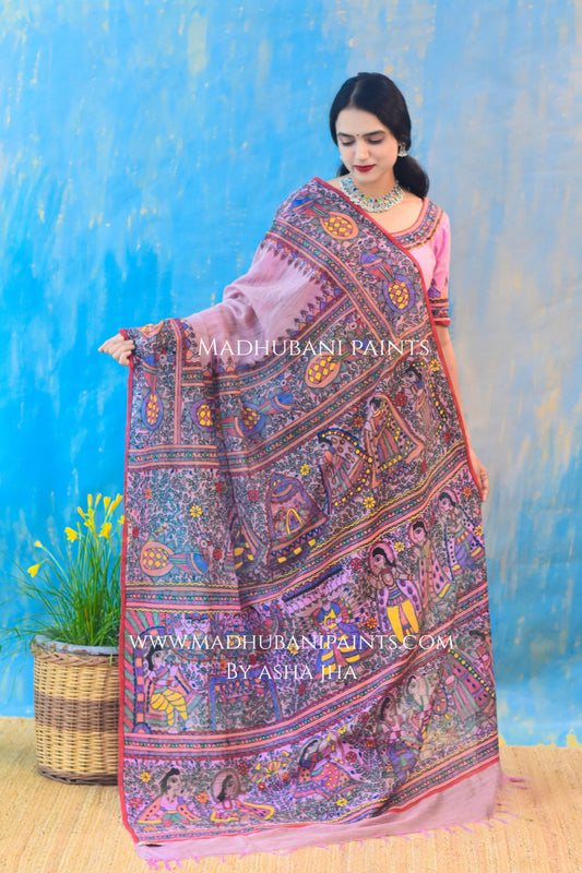 "Gulabi Ramayan" Hand-painted Madhubani Chanderi Saree