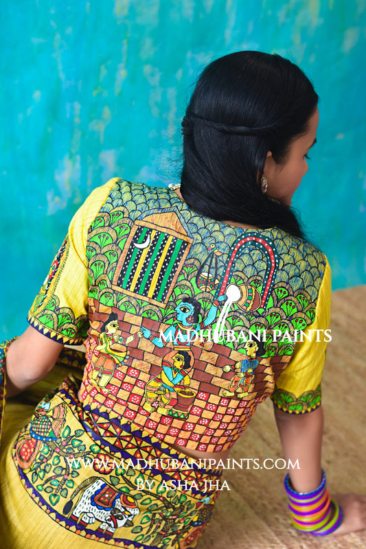 NANDLAAL KANHAIYA Handpainted Madhubani Chanderi Silk Saree Blouse Set