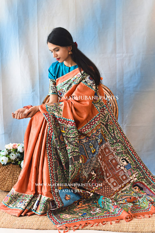KANHA KI MAAKHAN LEELA Handpainted Madhubani Tussar Silk Saree Blouse Set