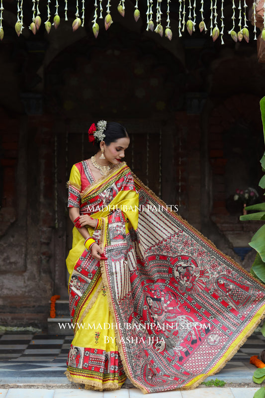 TARA Handpainted Tussar Silk Madhubani Saree Blouse Set