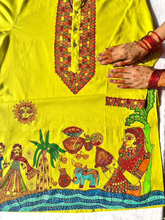 Green Chhath Puja Hand-painted  Madhubani Men's Cotton Kurta
