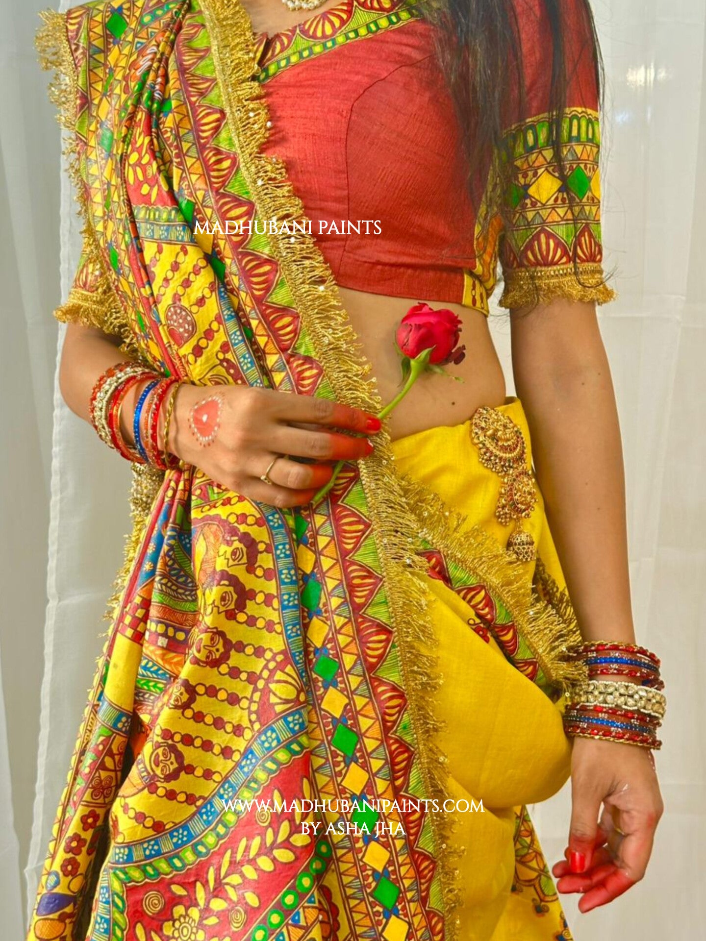 MITHILA VIVAH BRIDAL Hand-painted Madhubani Tussar Silk Saree Blouse Set