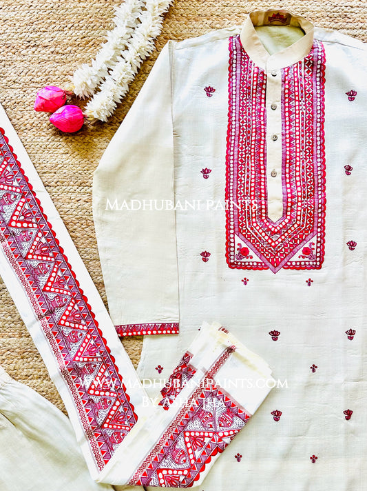 Laal Mithila Kamal Matsya Leela Men's Tussar Silk Kurta Pant Paag Dopptta Set