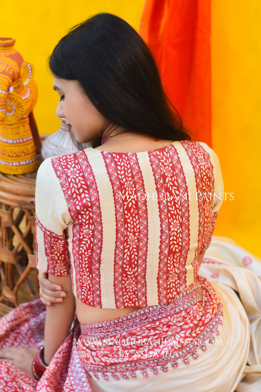 Laal Patta Handpainted Tussar Silk Saree Blouse