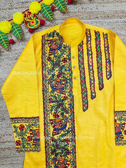 Yellow Mayuri Hand-painted Handloom Men's Cotton Kurta