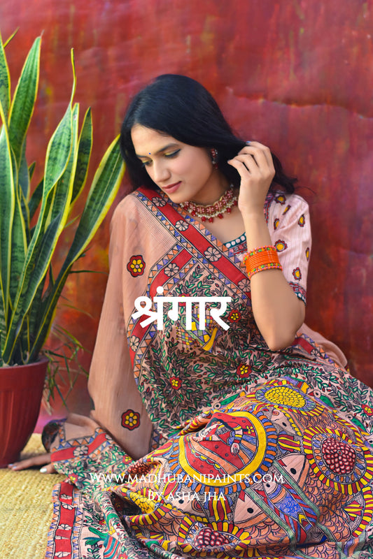 SHRINGAR Handpainted Madhubani Chanderi Saree Blouse Set