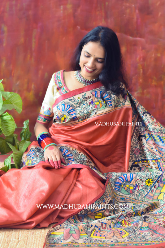"Laal Ramayan" Hand-painted Madhubani Tussar Silk Saree