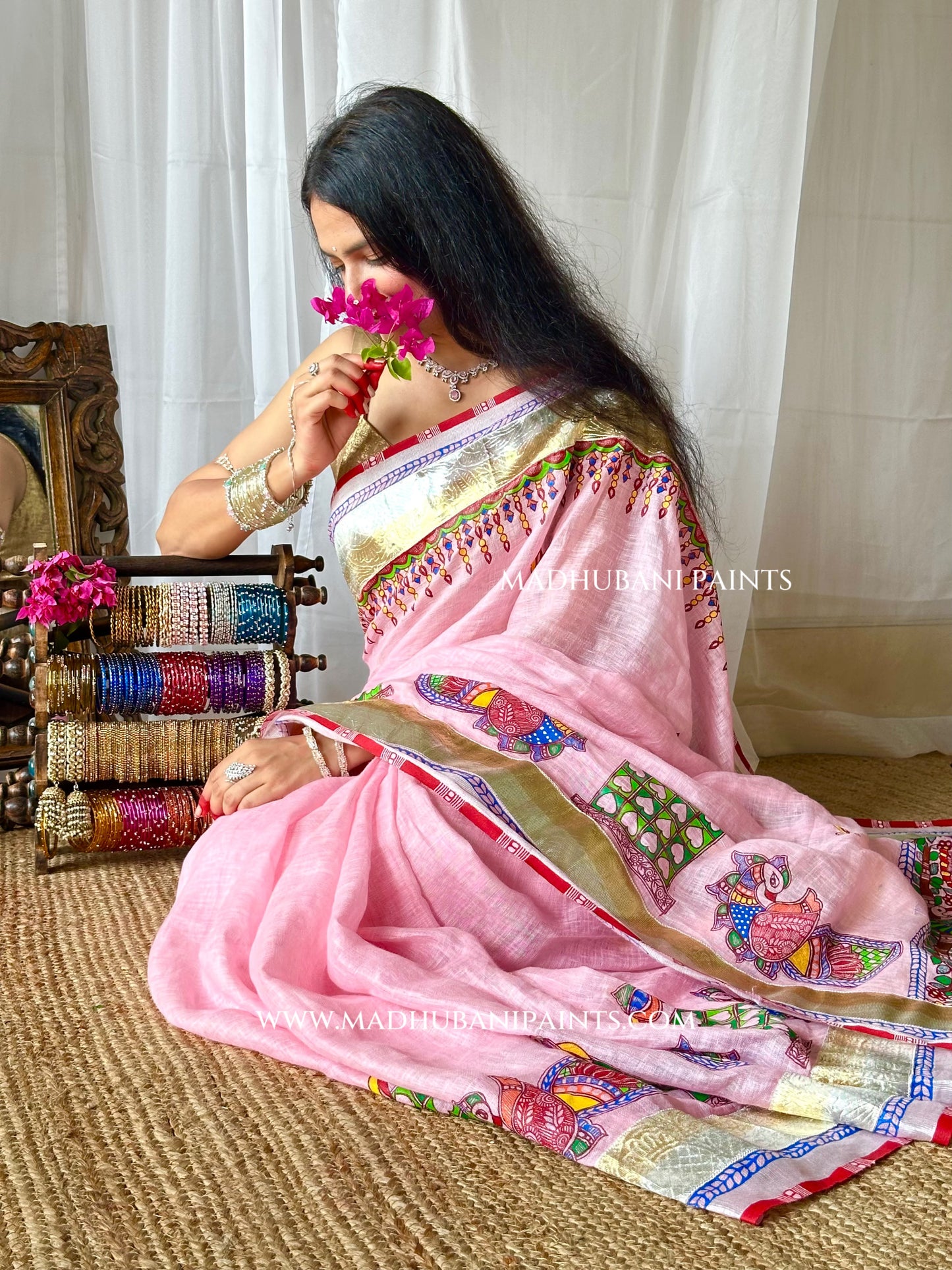 Gulabi Bridal Hand-painted Madhubani Painting Saree