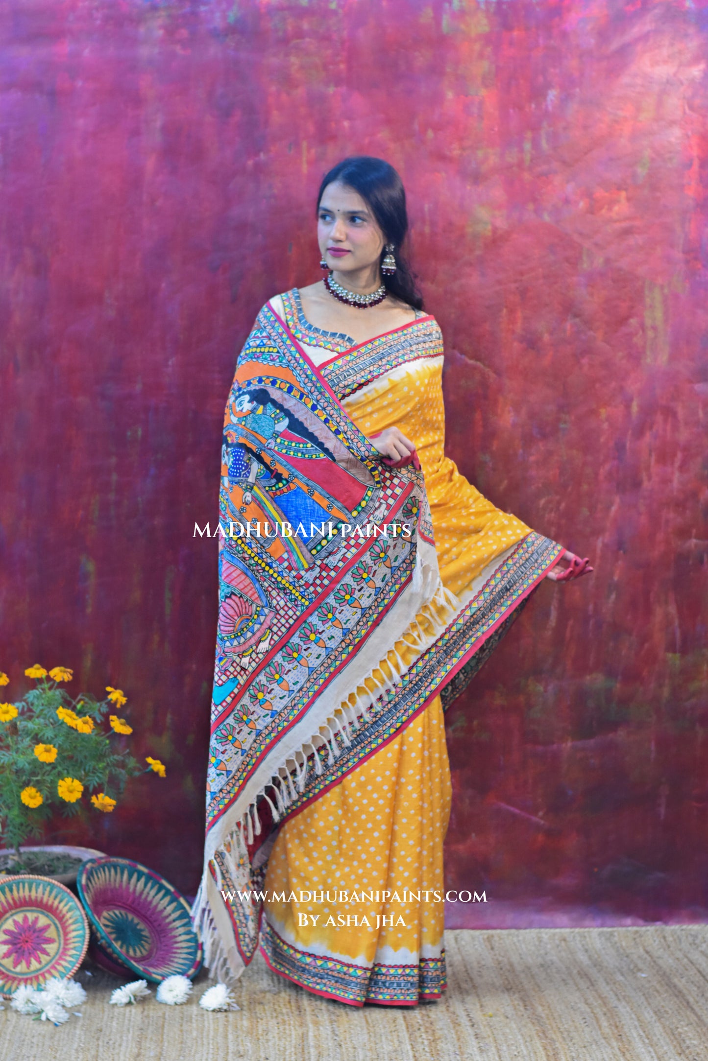 RAM SITA SWAYAMBAR Hand-painted Bandhini Tusaar Silk Saree Blouse Set