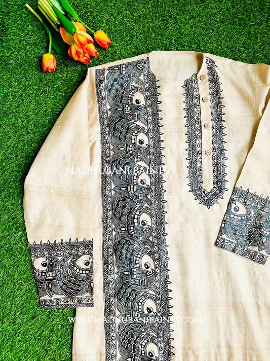 SURMAI SAMUNDAR Hand-painted Madhubani Men's Tussar Silk Kurta