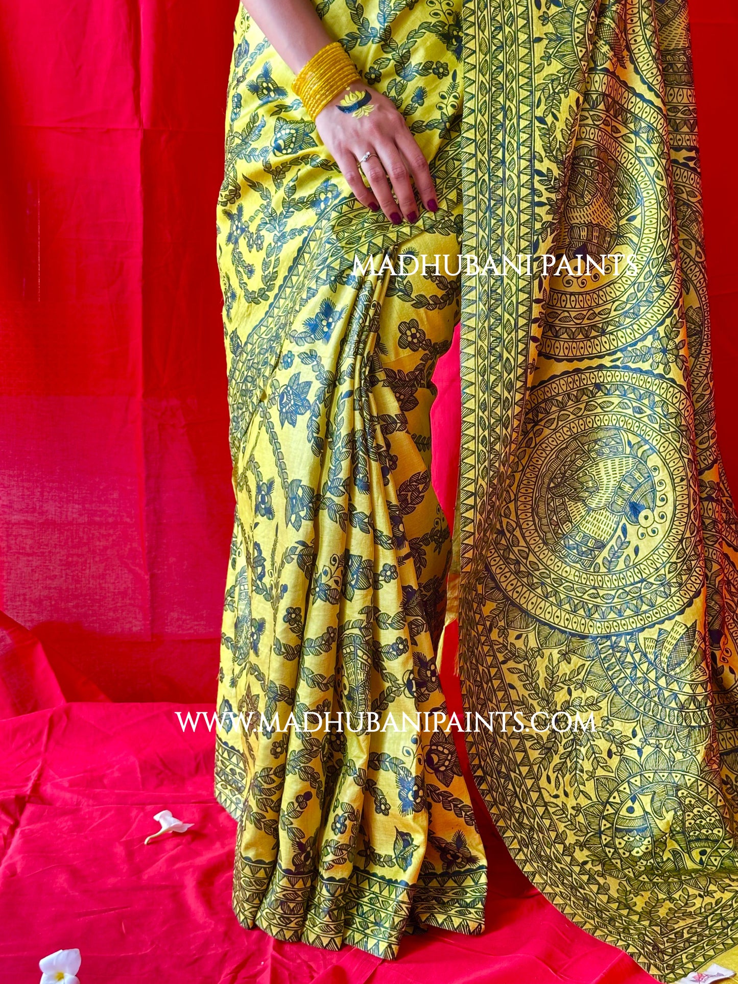 MAYUR MANDALI Full Handpainted Madhubani Saree