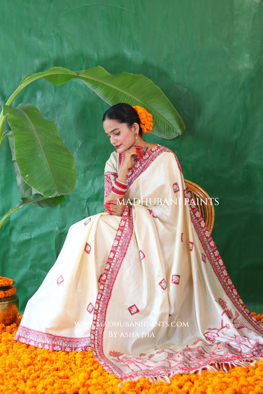 KAMALAKSHI Chhath Puja Handpainted Madhubani Tussar Silk Saree Blouse Set