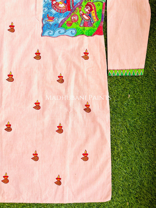 Peach Chhath Puja Hand-painted Madhubani Men's Cotton Kurta