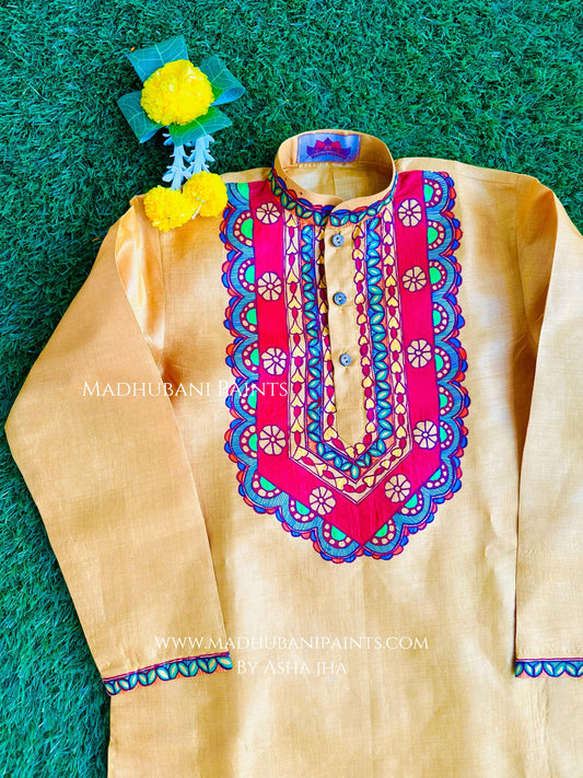Laal Bharni Men's Hand-painted Yellow Madhubani Tussar Silk Kurta