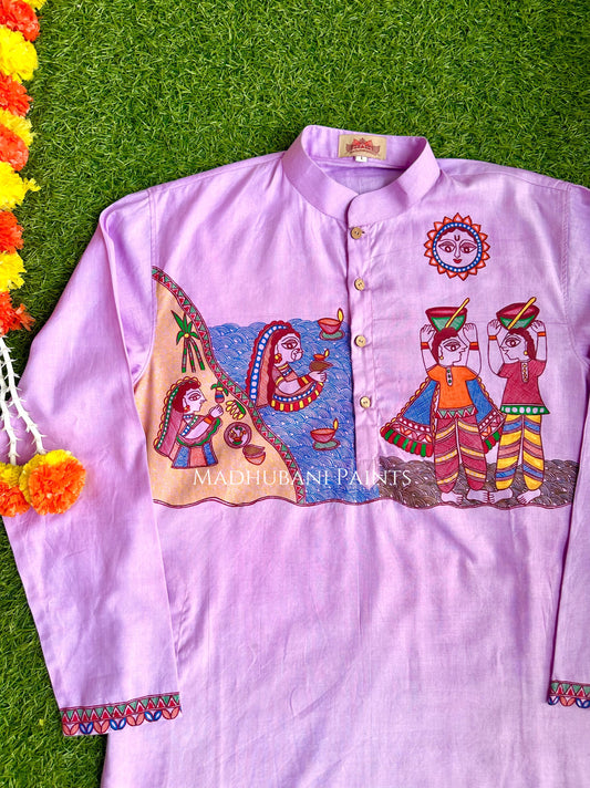Purple Chhath Puja Hand-painted Madhubani Men's Cotton Kurta