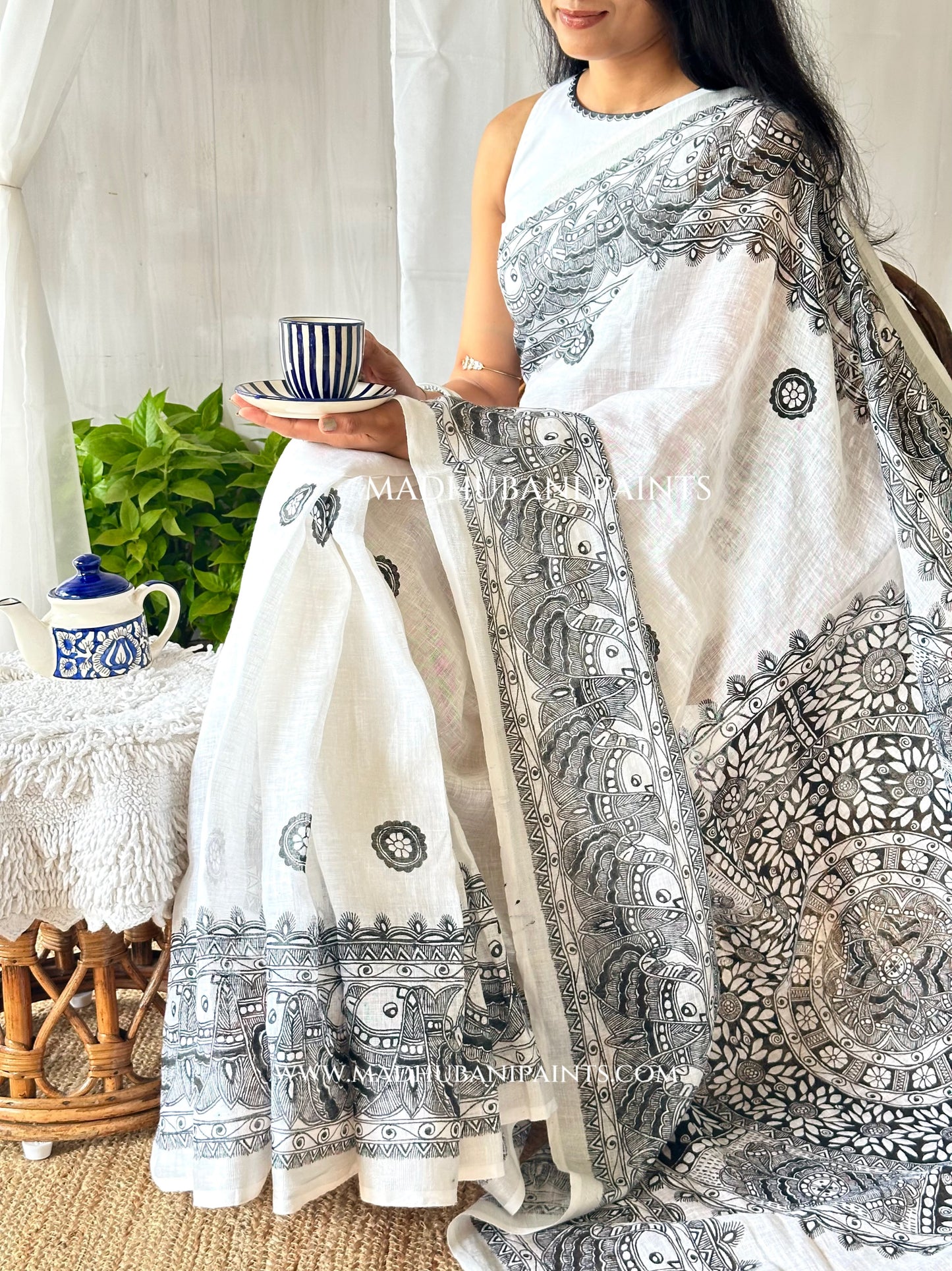 Linen Sagar Shringar Hand-painted Madhubani Painting Saree