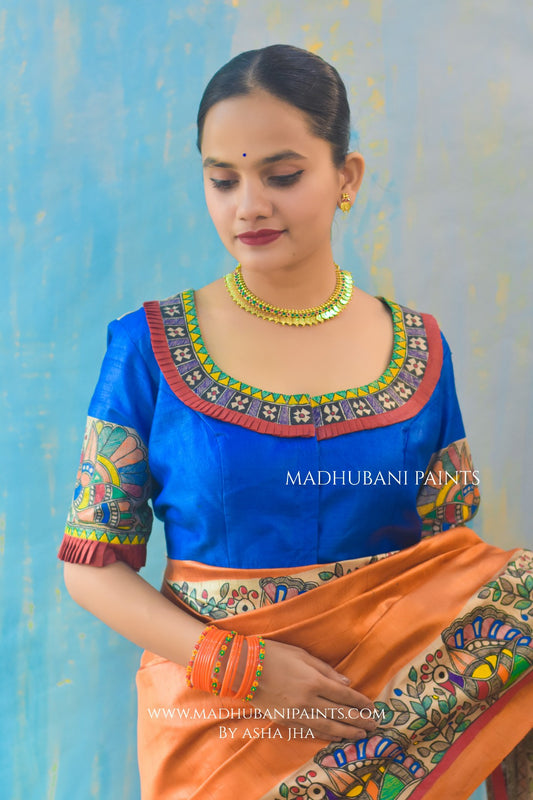 'NARANGI DOLI' Hand Painted  Madhubani Tussar Silk Blouse