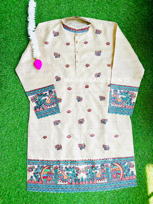 Radha Krishna Mayuri Hand-painted Handloom Men's Tussar Silk Kurta