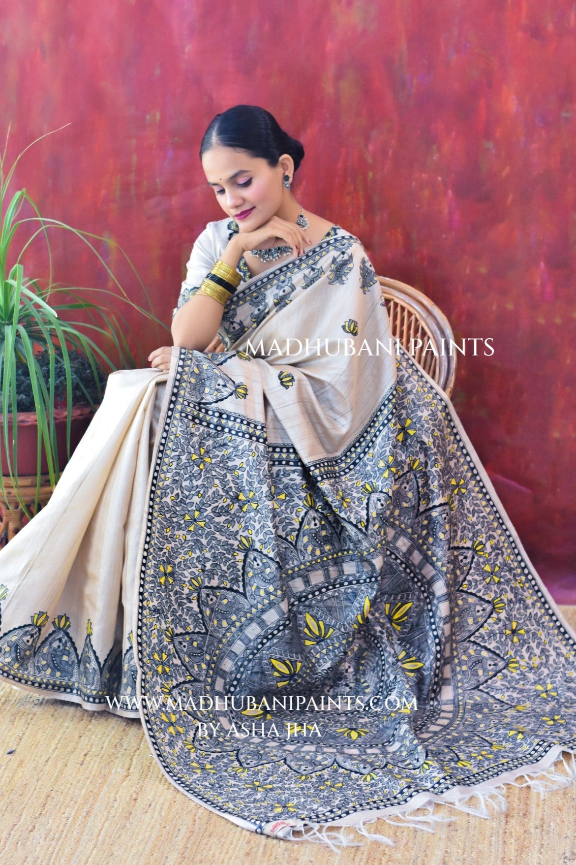 KAMAL MANDALA Hand-painted Madhubani Tussar Silk Saree Blouse Set