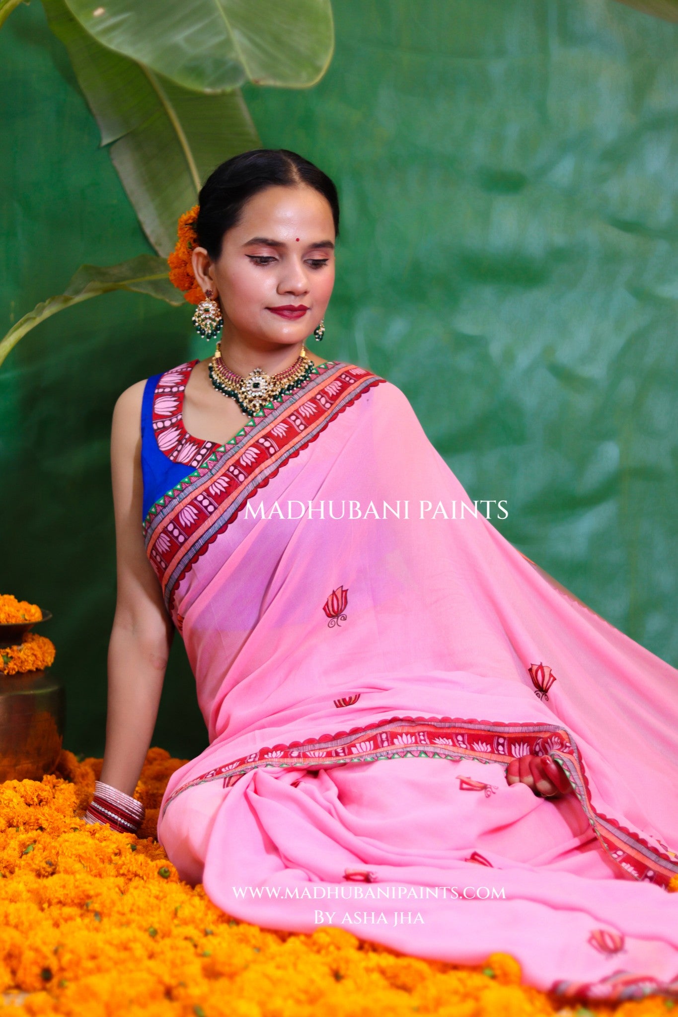 GULABI BHAKTI BHAVA Chhath Puja Hand painted Madhubani Georgette Saree Blouse Set