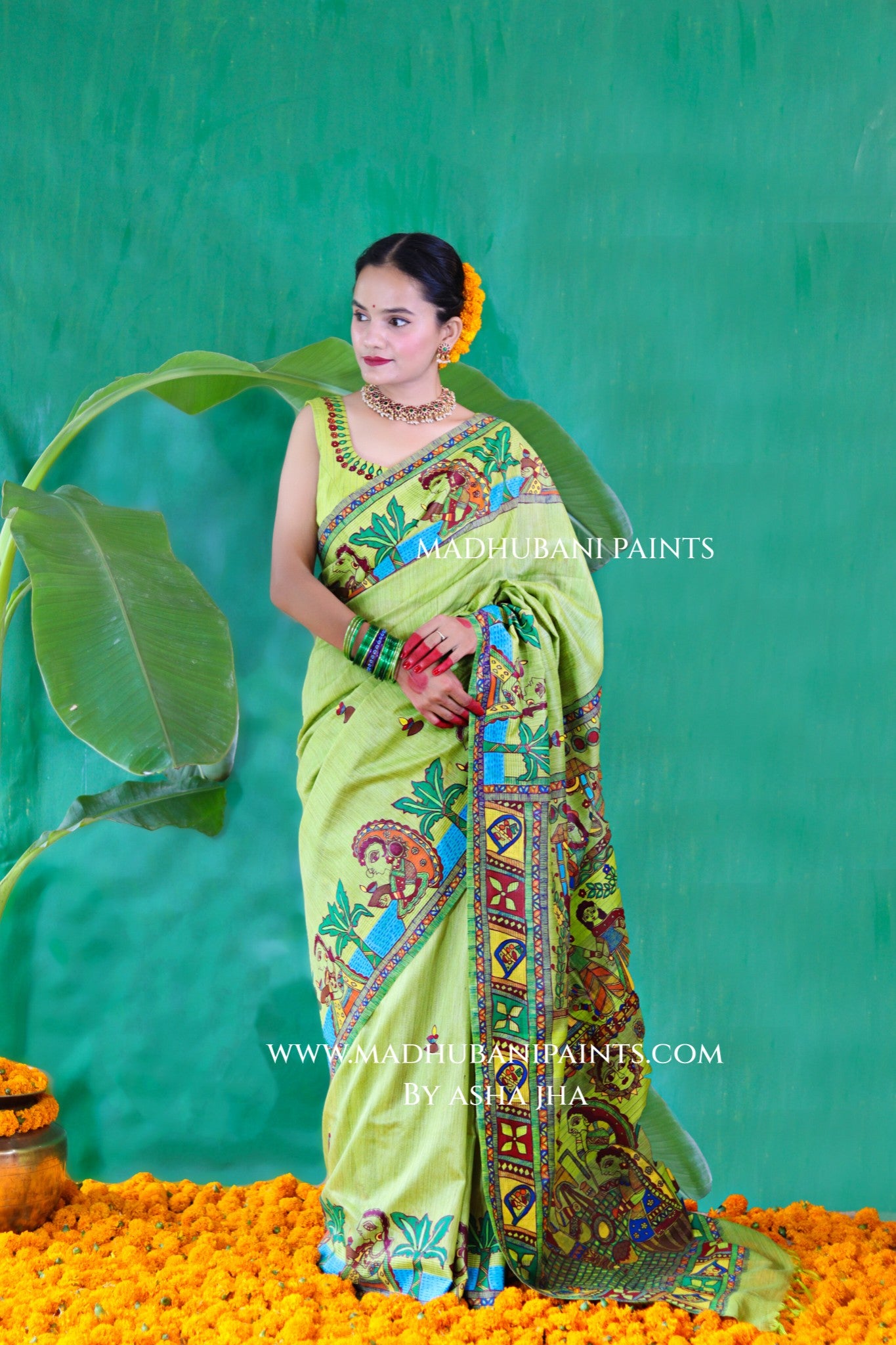 HARIYALI CHHATH Handpainted Madhubani Chanderi Saree Blouse Set