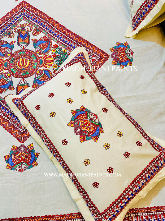 MATSYA JAAL Hand-painted Bedsheet With Pillow Cover