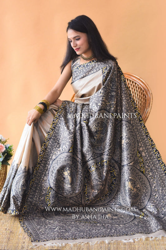 MITHILA KI MORNI Hand painted Madhubani Saree