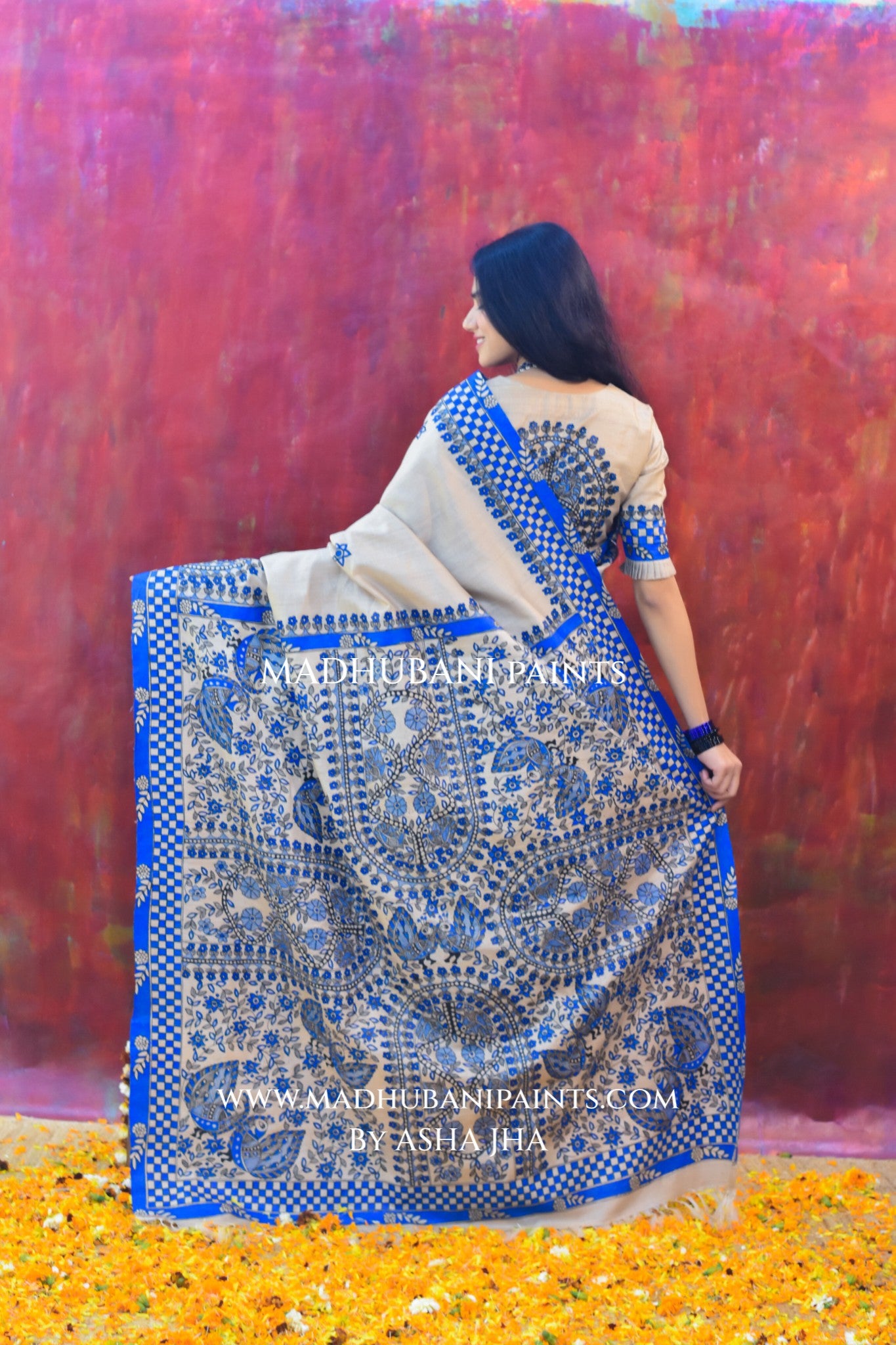 'NEELAKANTH' Tussar Silk Hand-Painted Madhubani Saree Blouse set