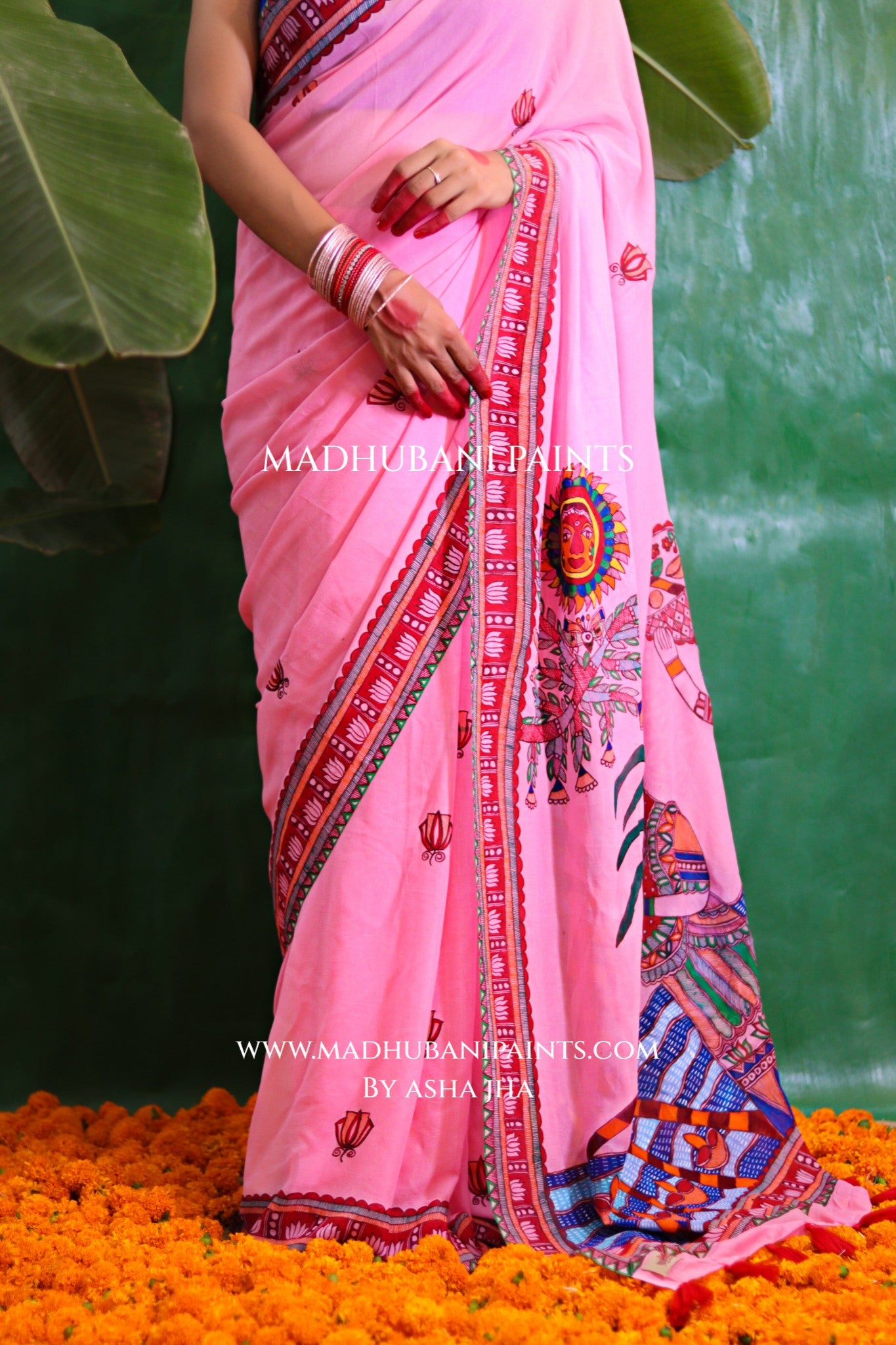 GULABI BHAKTI BHAVA Chhath Puja Hand painted Madhubani Georgette Saree Blouse Set