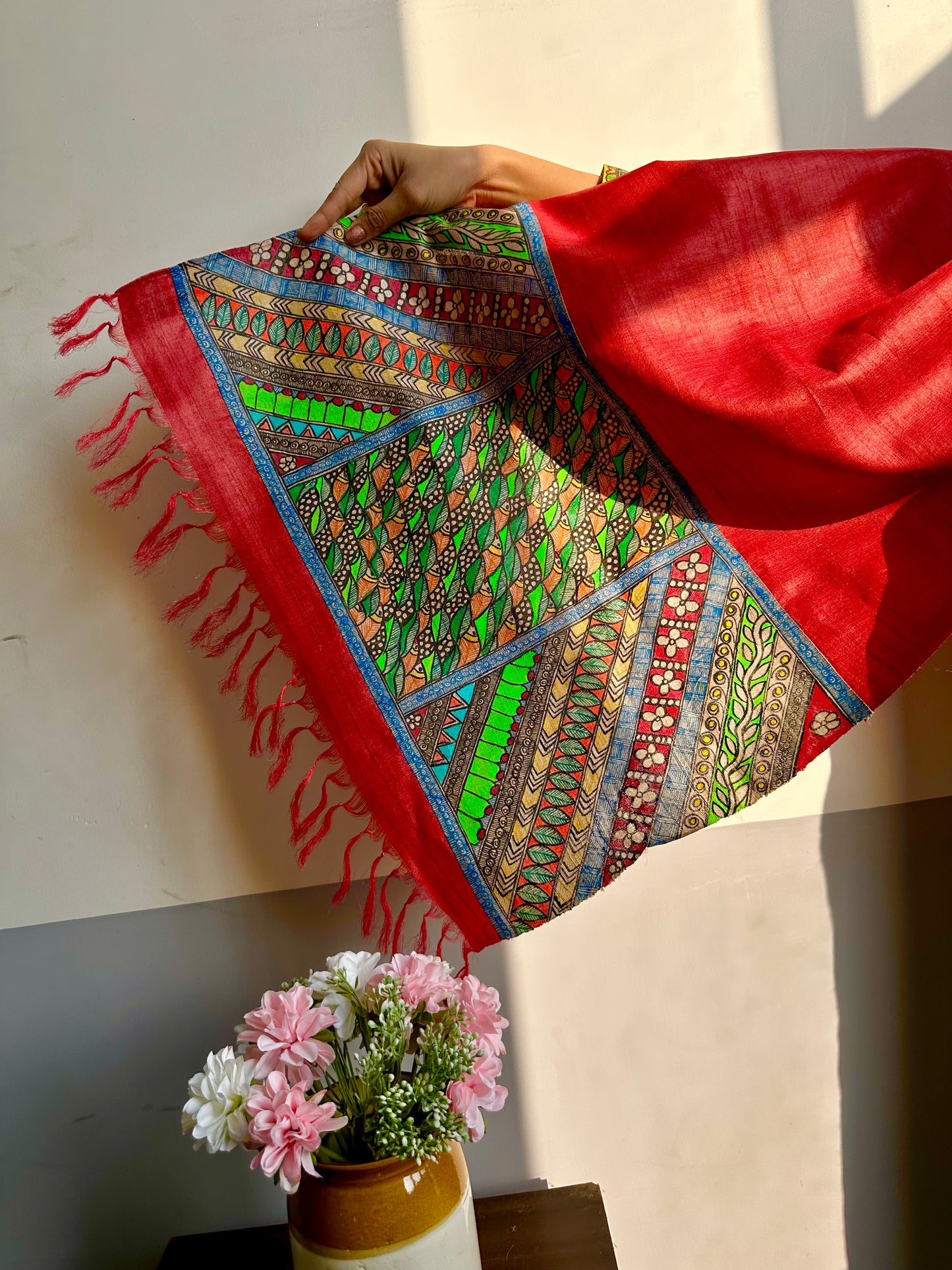 Bharni Fish Hand-painted Madhubani Tussar Silk Stole