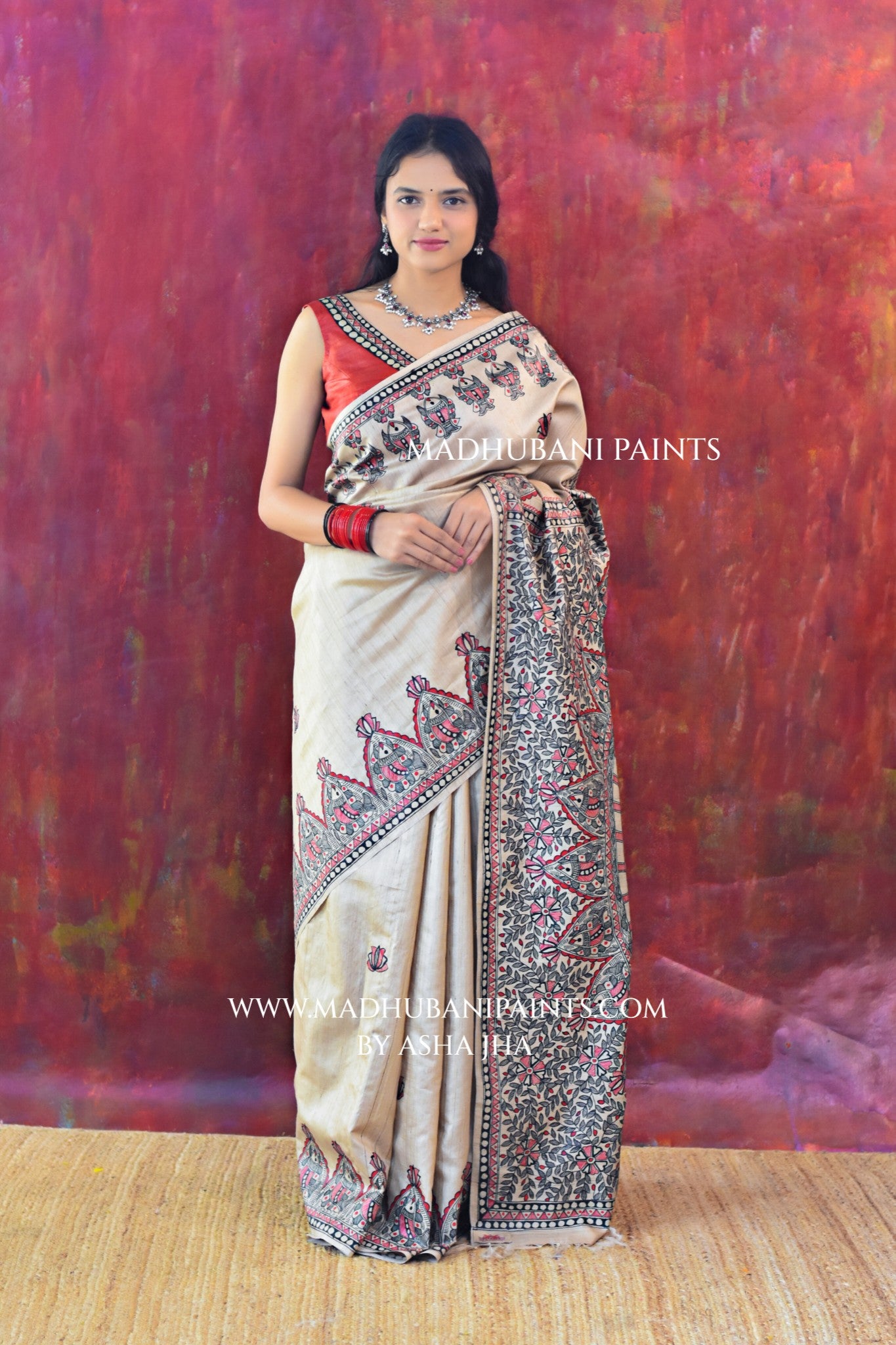 LAAL KAMAL MANDALI Hand-painted Madhubani Tussar Silk Saree