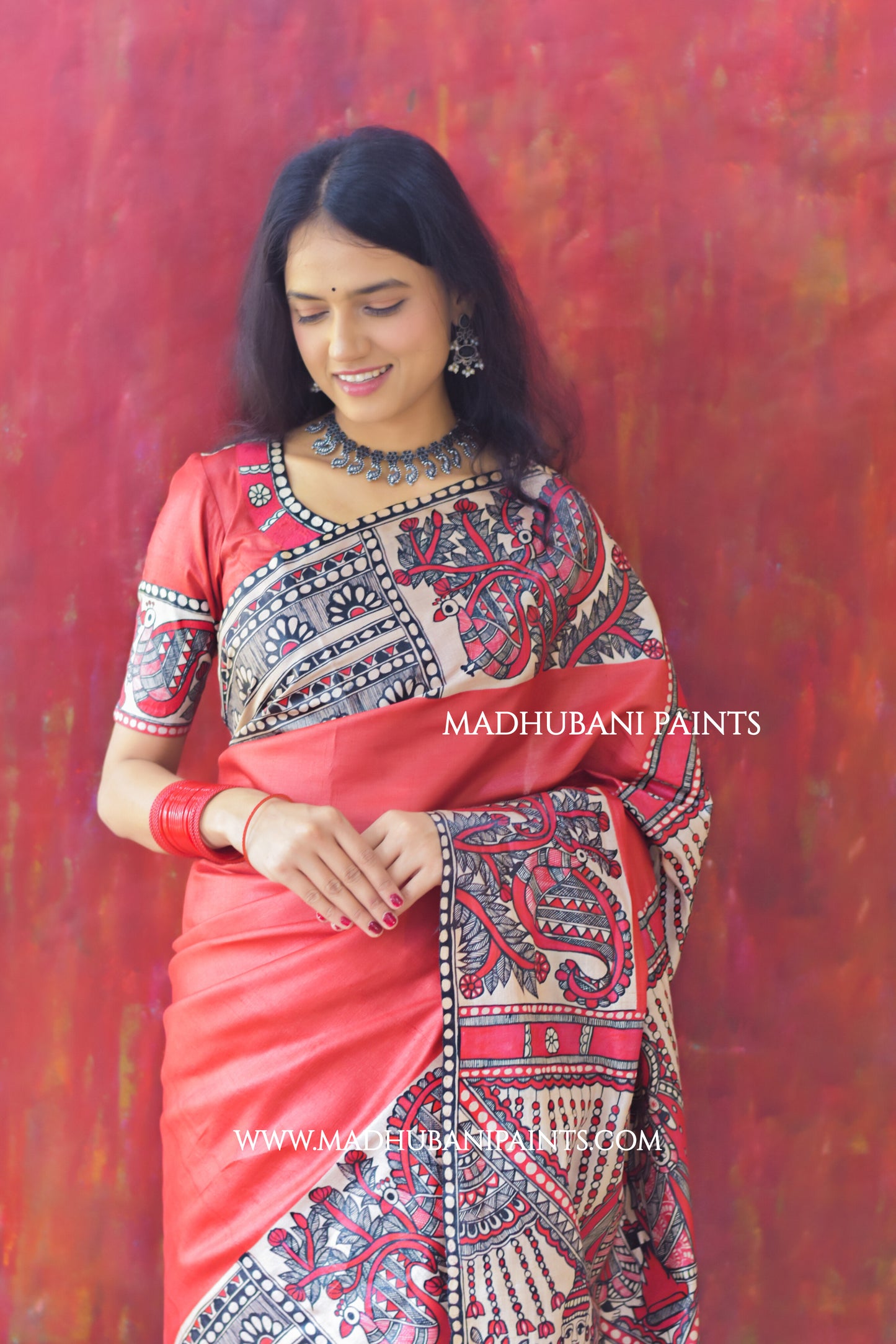 RED BENGALI WEDDING Hand-painted Madhubani Tussar Silk Saree