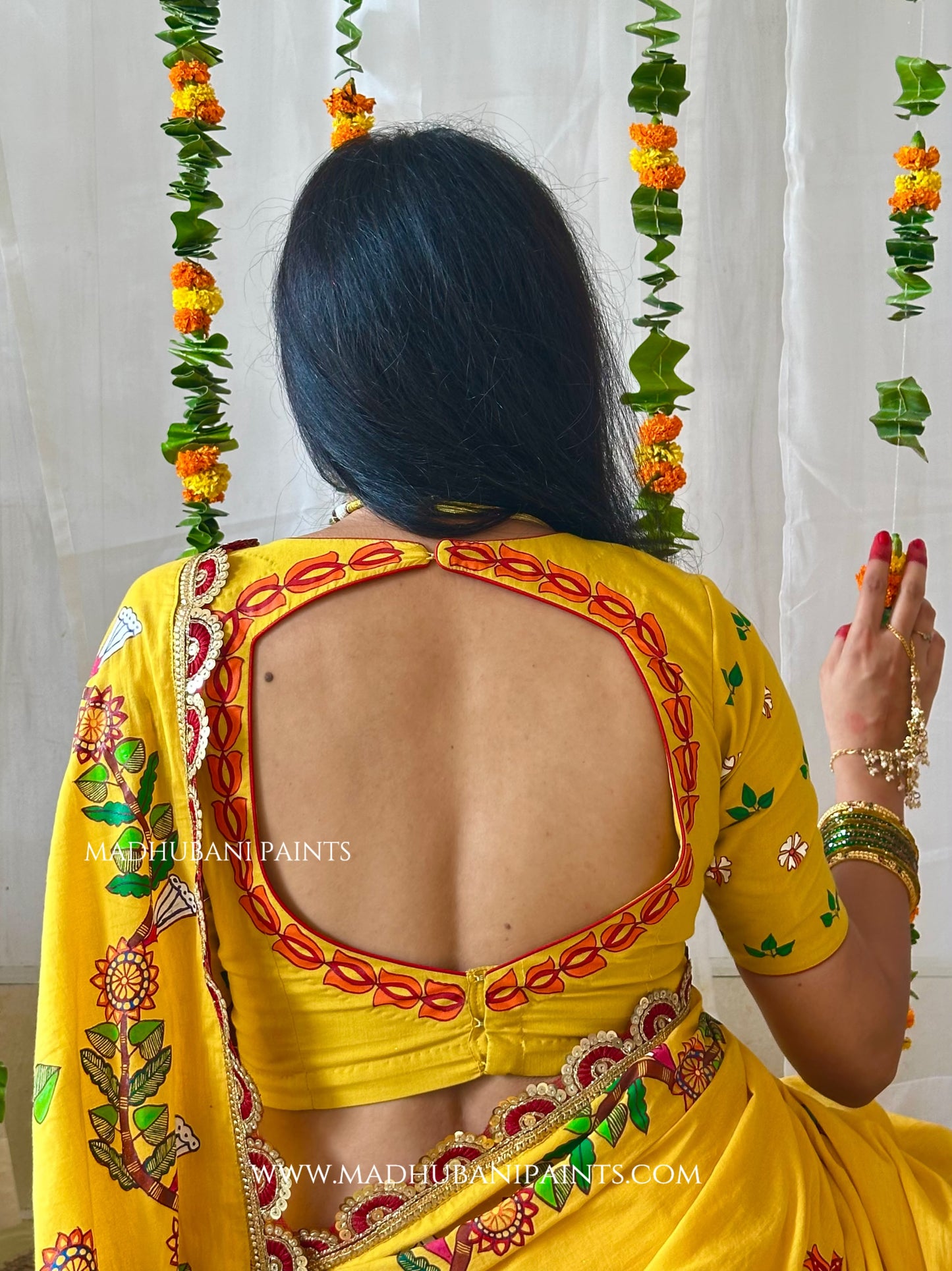 Madhushravani Yellow Bridal Hand-painted Madhubani Painting Cotton Saree Blouse Set