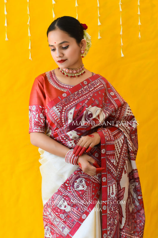 MADHUBANI MANGALYA Hand-painted Madhubani Tussar Silk Saree