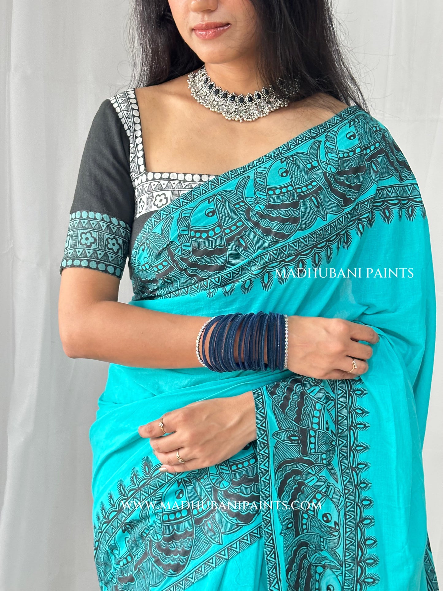 Aasmani Shringar Hand-painted Madhubani Painting Cotton Saree