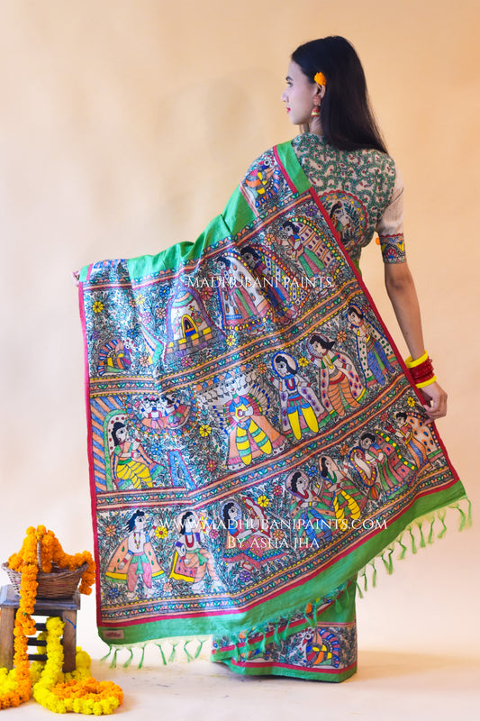 "Hariyali Ramayan" Hand-painted Madhubani Tussar Silk Saree