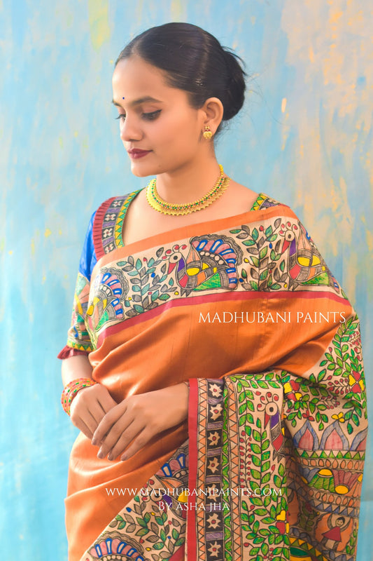 'NARANGI DOLI' Hand Painted Madhubani Tussar Silk Saree