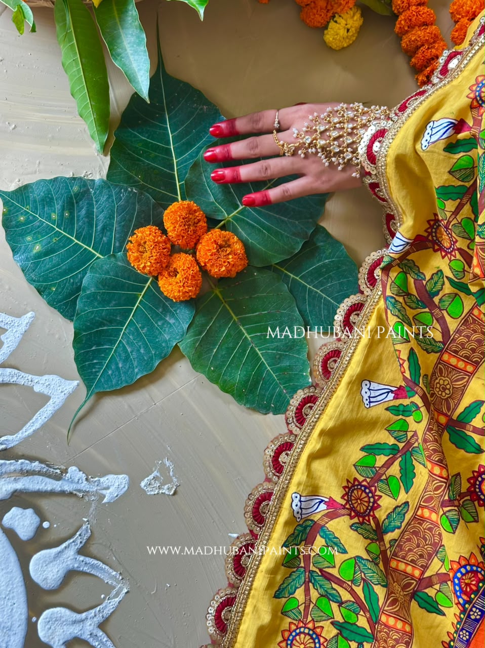 Madhushravani Yellow Bridal Hand-painted Madhubani Painting Cotton Saree