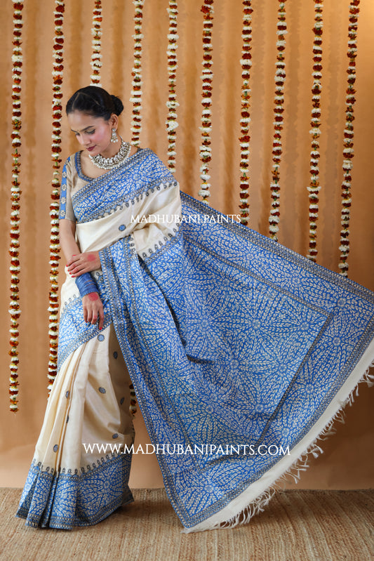 Blue Patta Handpainted Tussar Silk Saree