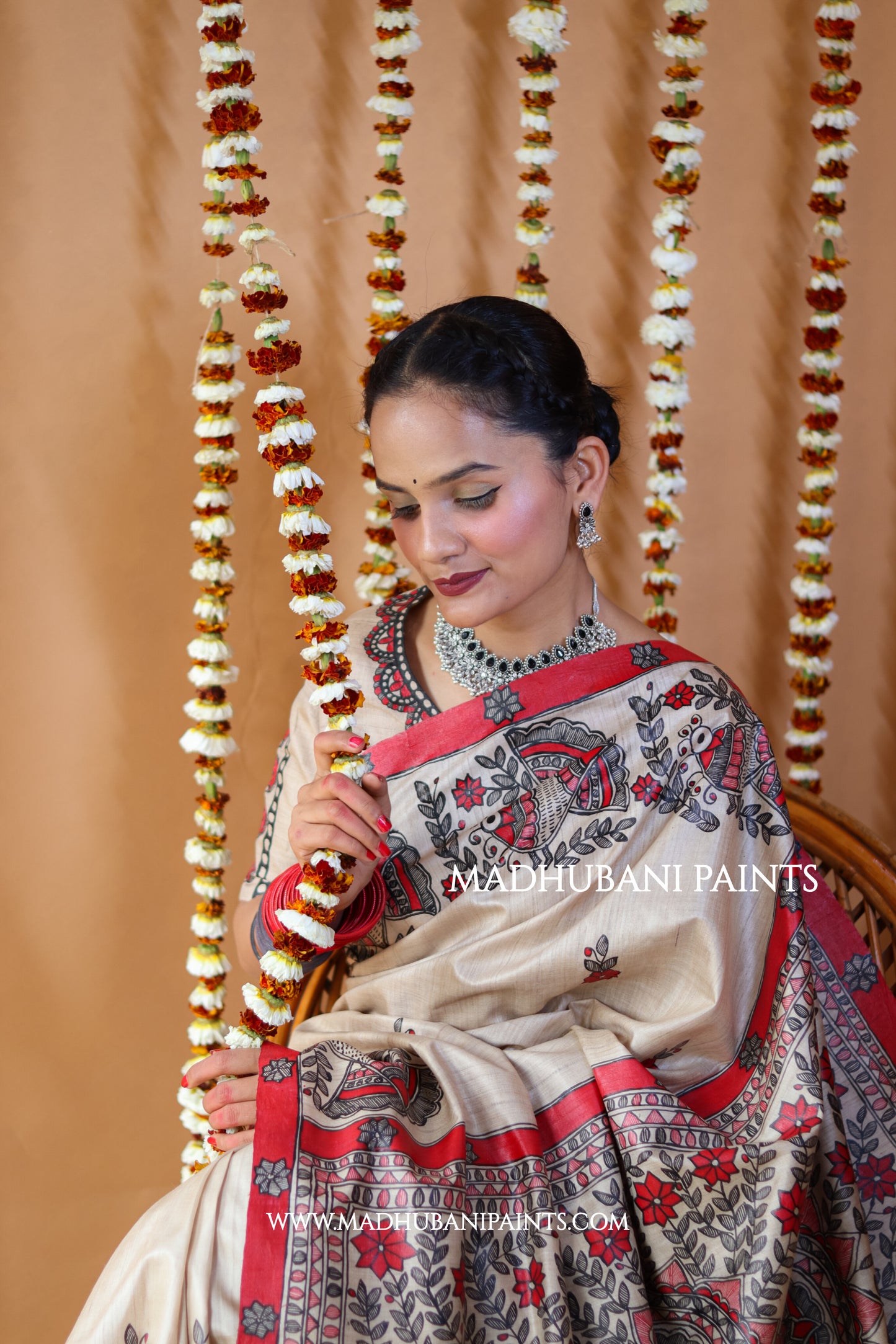 'MORNI' Handpainted Madhubani Tussar Silk Saree Blouse Set