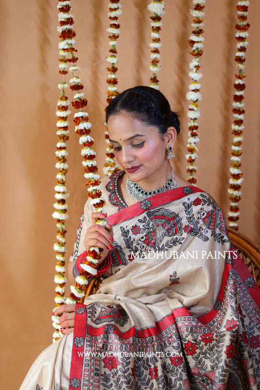 'MORNI' Handpainted Madhubani Tussar Silk Saree Blouse Set