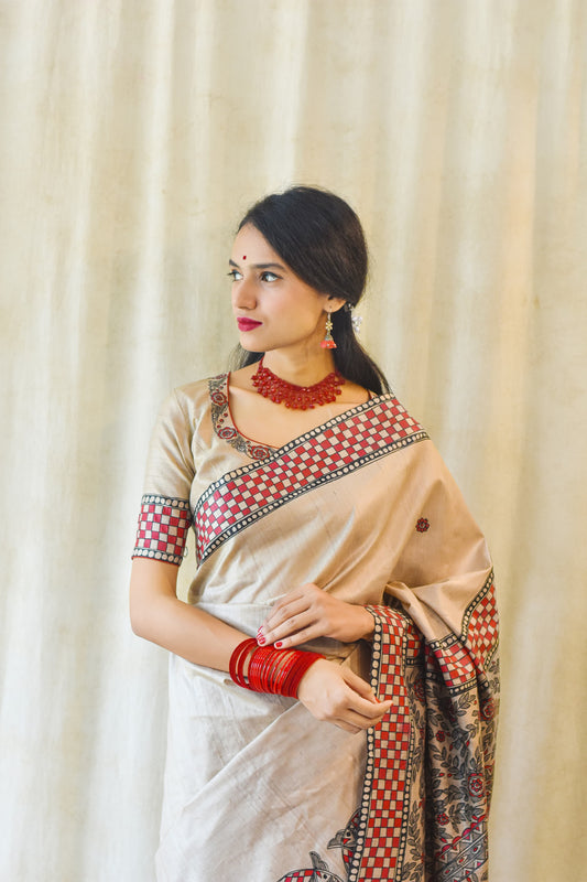 NADI KINARE Hand-painted Madhubani Tussar Silk Saree