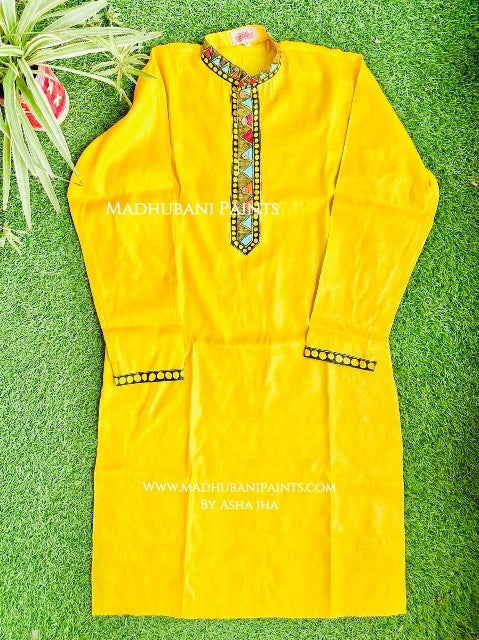 Yellow Mithila Borders Hand-painted Madhubani Men's Tussar Silk Kurta