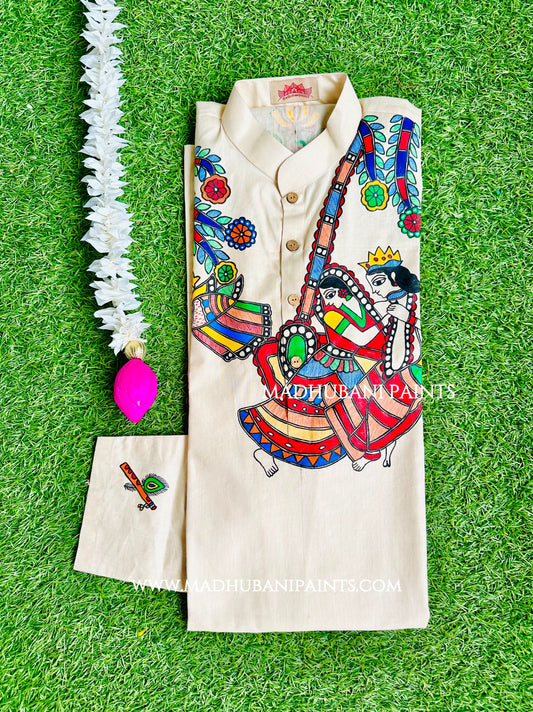 RADHA RAMAN Hand-painted Beige Handloom Men's Cotton Kurta