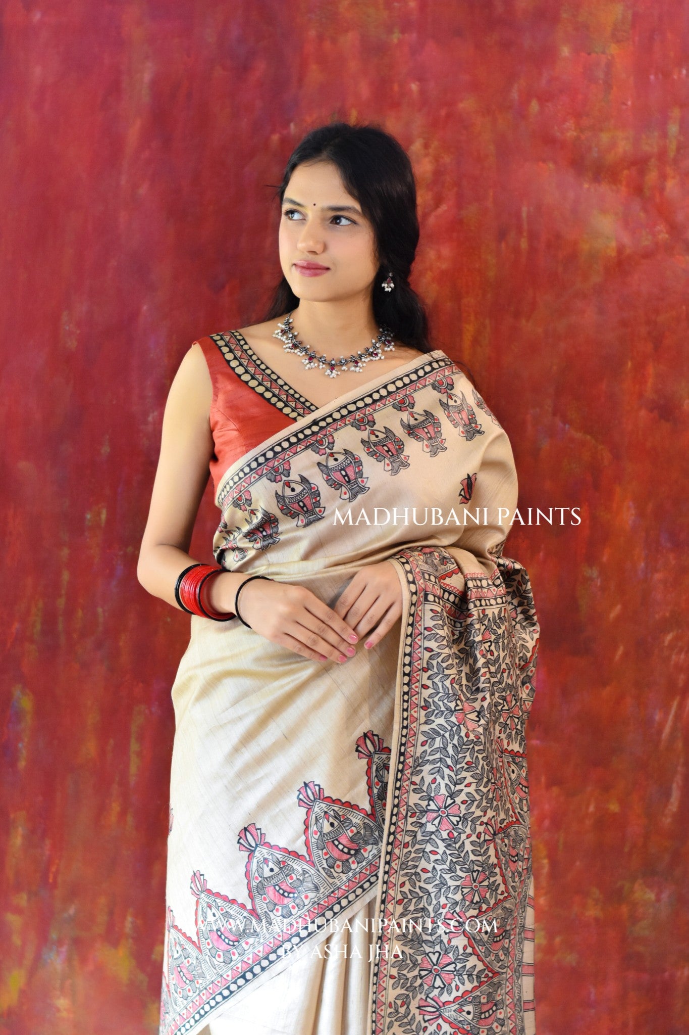 LAAL KAMAL MANDALI Hand-painted Madhubani Tussar Silk Saree